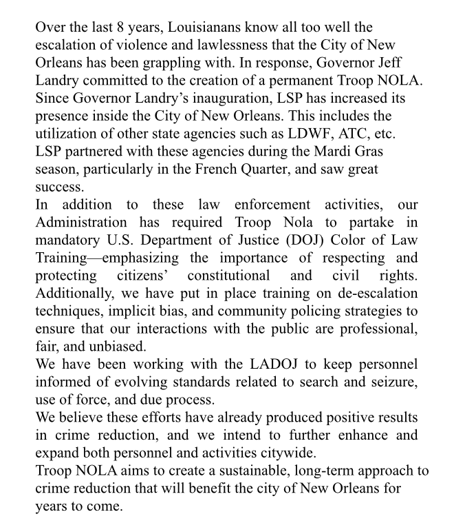 Full Troop NOLA statement from Gov. Landry Communications Director Kate Kelly